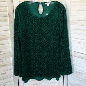 Cato Emerald Green Crushed Velvet Bell Sleeve Lacer Cut Top